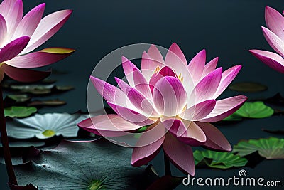 Ravishing pink waterlily floating on water with realistic detail blossom. Cartoon Illustration