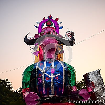 Ravnans being ignited during Dussera festival at ramleela ground in Delhi, India, Big statue of Ravana to get fire during the Fair Editorial Stock Photo