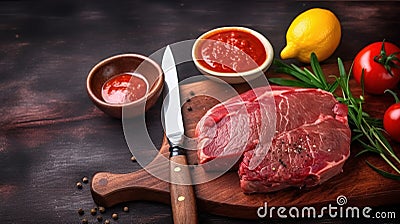 Raw beef steak with vegetables. Horizontal view of red meat on wooden cutting board. Stock Photo