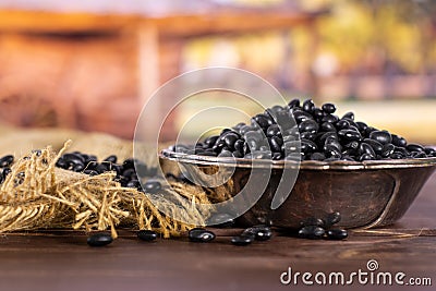 Raw black turtle beans with cart Stock Photo