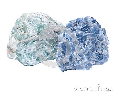 Raw Blue Calcite and Green Apophyllite Clusters in matrix Stock Photo