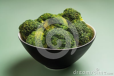 Raw broccoli florets in a black bowl on a turf green colored background. Vegetarian vitamin food closeup. Low calorie antioxidant Stock Photo