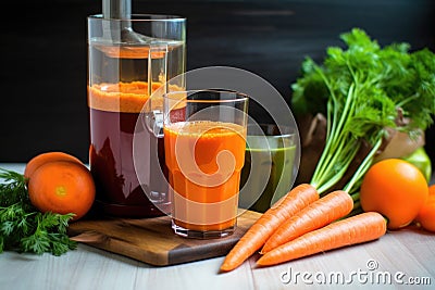raw carrots, a juicer, and a glass of juice Stock Photo