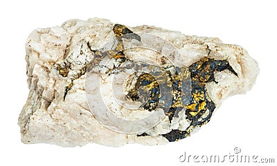 raw Chalcopyrite crystals in quartz rock isolated Stock Photo