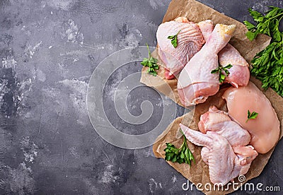 Raw chicken meat fillet, thigh, wings and legs Stock Photo