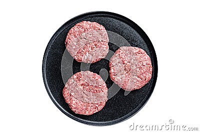 Raw chicken turkey patty, minced meat cutlets on a plate with thyme. Isolated on white background. Stock Photo