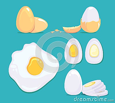 Raw and cooked eggs in different conditions. Vector cartoon pictures Vector Illustration