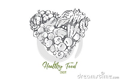 Raw delicious vegetables in heart shape, seasonal harvest, healthy salad ingredients, farmer market products Vector Illustration