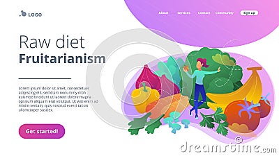 Raw diet and frutarianism landing page. Vector Illustration