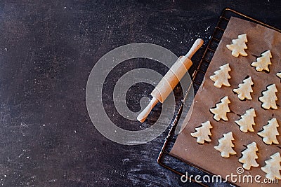 Raw dough cookies in Christmas tree shape ready to bake Stock Photo