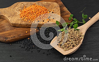 Raw Dry Lentils, Lentil Grains, Dal, Daal, Dhal, Masoor Stock Photo