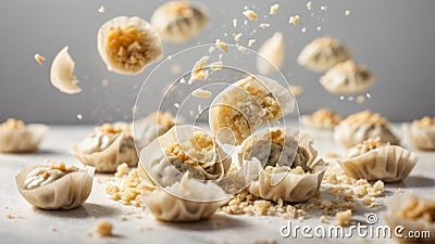 Raw dumplings, dough and filling are flying on a white background. Stock Photo