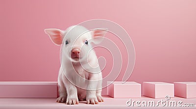 Raw And Edgy: A Small White Pig On Pink Cubes Stock Photo