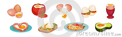 Raw Egg and Cooked in Tomato, Avocado and Omelette Vector Set Vector Illustration