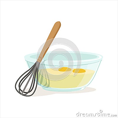 Raw eggs in a glass bowl and whisk for whipping vector Illustration Vector Illustration