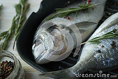 Raw fish cooking and ingredients. Dorado, lemon, herbs and spices. Stock Photo