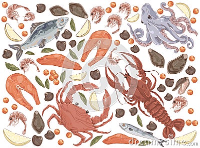 Raw fish, salmon fillet, octopus, mussels, gourmet dinner, lobster, crab, shrimps, lemon pieces, delicious seafood set Vector Illustration