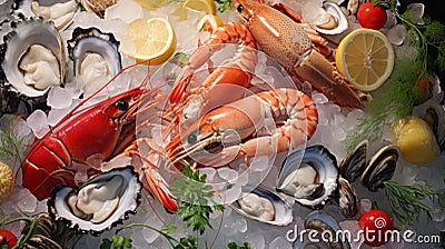 Raw fish shrimp oysters mussels shells on ice Stock Photo