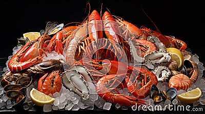 Raw fish shrimp oysters mussels shells on ice Stock Photo