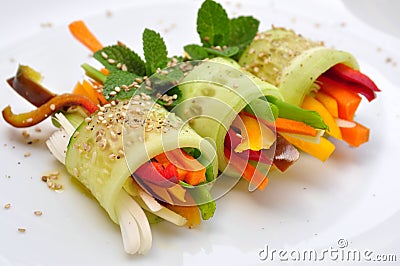 Raw food recipe with cucumber, pepper, onion and carrot Stock Photo