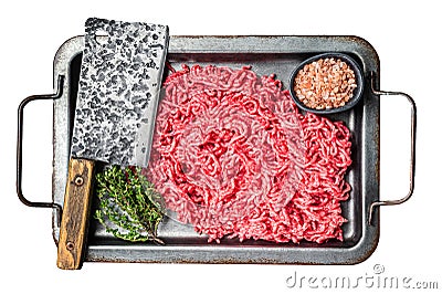 Raw Forcemeat , Mince Ground beef and pork in a kitchen tray. Isolated, white background. Stock Photo