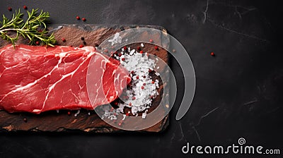 Raw fresh entrecote meat from ribeye steak on a stone board with spices and rosemary. Dark background. Generative AI Stock Photo