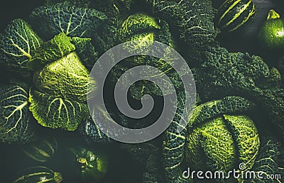 Raw fresh green cabbage texture and background, top view Stock Photo