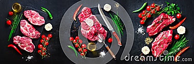 Raw fresh meat steak with cherry tomatoes, hot pepper, garlic, oil and herbs on dark stone, concrete background. Banner. Stock Photo