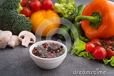 Raw fresh vegetables with spices bowl Stock Photo