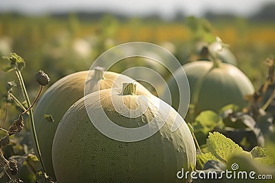 Raw green musk melons on sunlit farmland. Generate ai Stock Photo