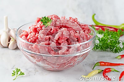 Raw ground beef and ingredients Stock Photo