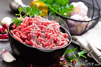 Raw ground beef meat with ingredients for cooking. Fresh minced meat Stock Photo
