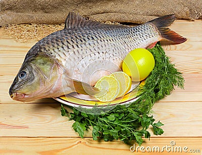 Raw carp prepared for cooking on dish, lemons and greens Stock Photo