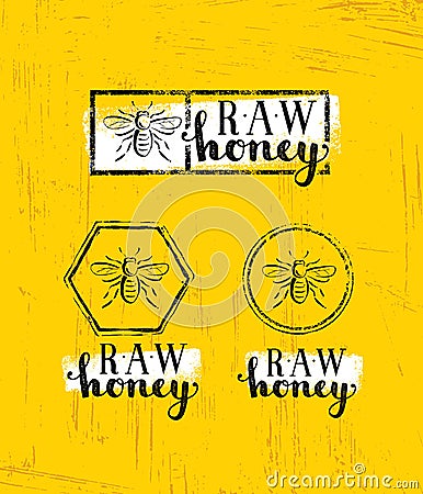Raw Honey Creative Sign Vector Concept. Organic Healthy Food Design Element With Bee Icon On Rough Stained Background Vector Illustration