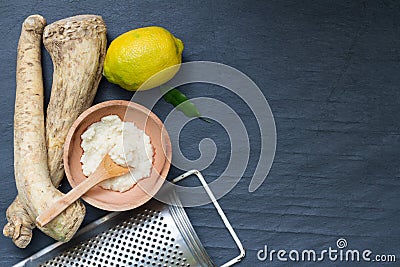 Raw horseradish and spices abstract still life Stock Photo