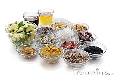 Raw ingredients for Indian mango pickle. Stock Photo