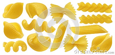 Raw italian pasta, collection of different pasta kinds isolated on white background Stock Photo