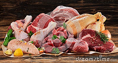 Raw meat assortment, beef, chicken, turkey Stock Photo