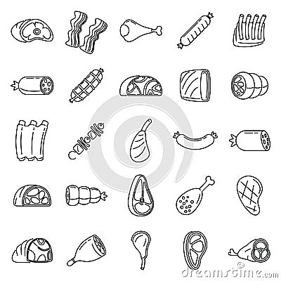 Raw meat icons set, outline style Vector Illustration