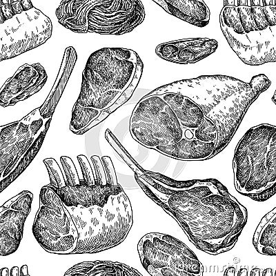 Raw meat seamless pattern. Vector drawing. Hand drawn beef steak Vector Illustration