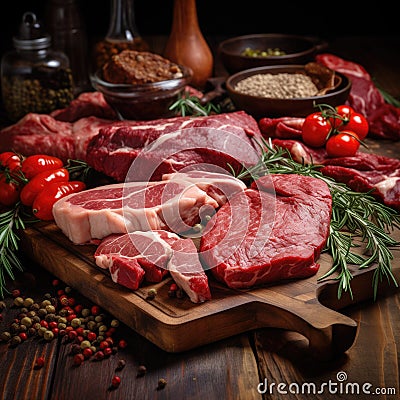 Raw meat with spices on old wooden table. Stock Photo