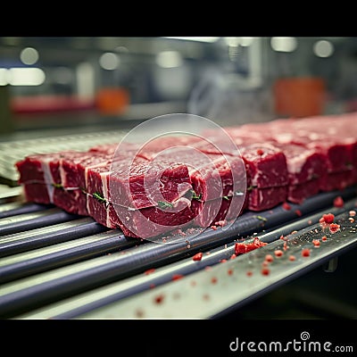 Raw meat transformation Industrial machines cut and process beef Stock Photo