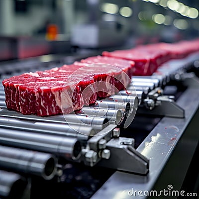 Raw meat transformation Industrial machines cut and process beef Stock Photo