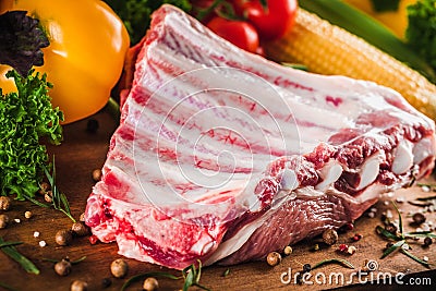 Raw meat with vegetables, close-up view Stock Photo