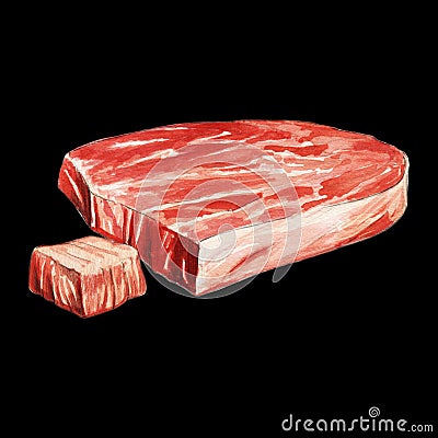 Raw farmer organic chopped meat watercolor illustration on black background Cartoon Illustration
