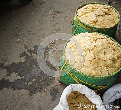 Raw Melinjo Cracker sells in traditional market photo taken in Bogor Indonesia Stock Photo