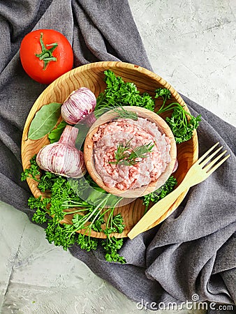 Raw minced meat preparation ingredient parsley on a concrete background Stock Photo