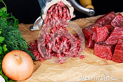 Raw Mincer with fresh minced beef meat Stock Photo