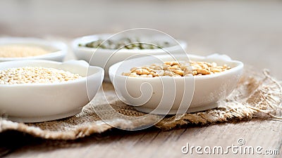 Raw Organic Amaranth and quinoa grains, wheat and mung beans Stock Photo