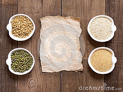 Raw Organic Amaranth and quinoa grains, wheat and mung beans Stock Photo